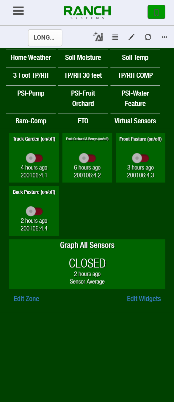 myRanch valve control widgets — irrigation zone on/off toggles