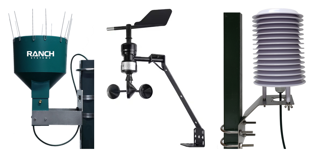 Pro Weather Station components — rain gauge, wind speed/direction sensor, and radiation shield